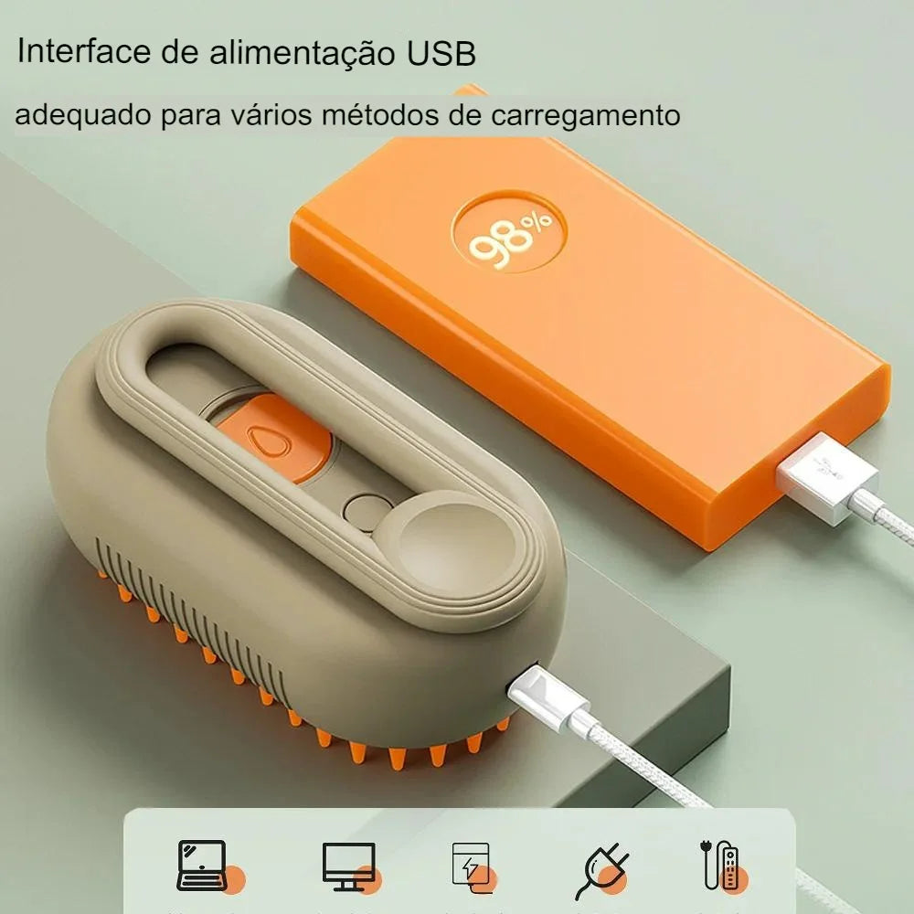 Escova a Vapor 3 em 1 Para Remoção de Pelo e Massagem de Gatos/Cachorros