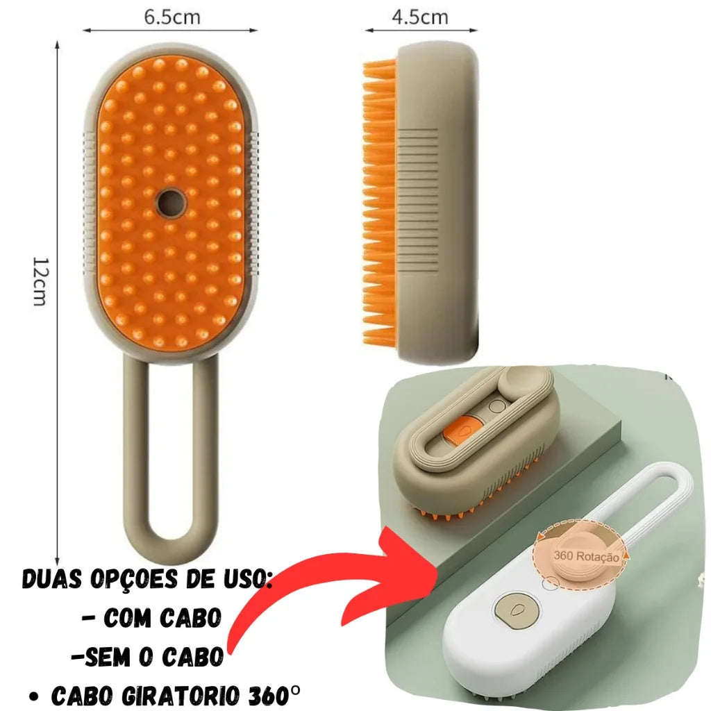 Escova a Vapor 3 em 1 Para Remoção de Pelo e Massagem de Gatos/Cachorros